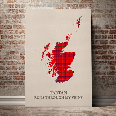 Clan Rose Tartan Scotland Map Canvas “Tartan Runs Through My Veins” Wall Art KR38