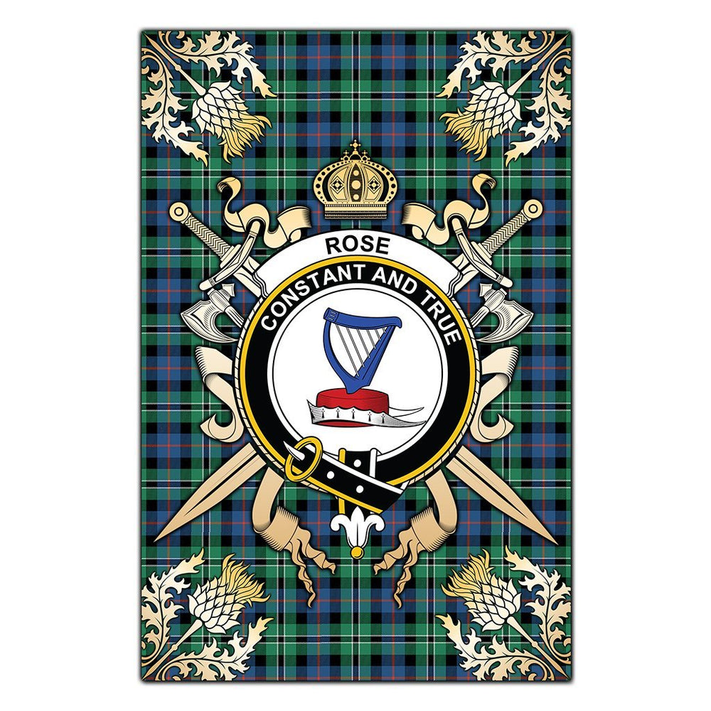 Clan Rose Hunting Ancient Tartan Crest Black Garden Flag  - Gold Thistle  TR30 Clan Rose Tartan Today   