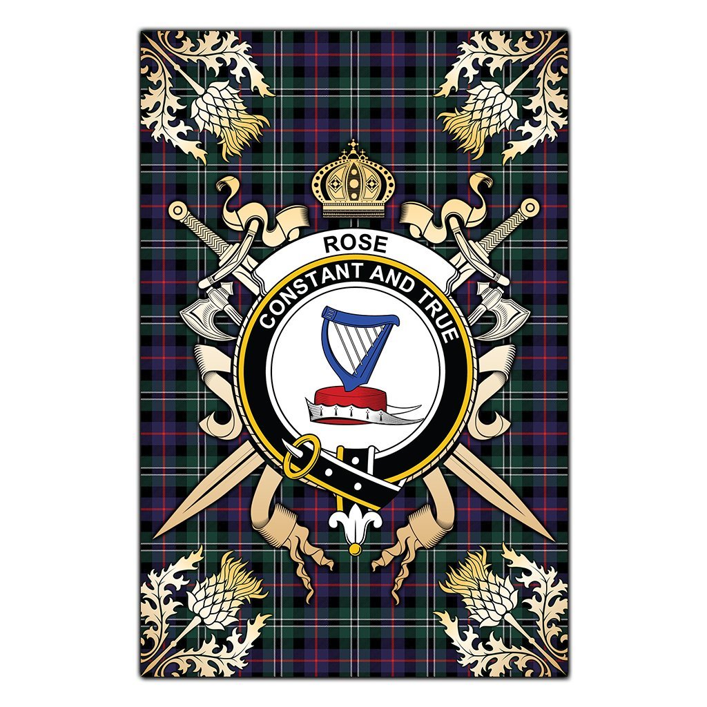 Clan Rose Hunting Modern Tartan Crest Black Garden Flag  - Gold Thistle  NF50 Clan Rose Tartan Today   
