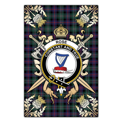 Clan Rose Hunting Modern Tartan Crest Black Garden Flag - Gold Thistle