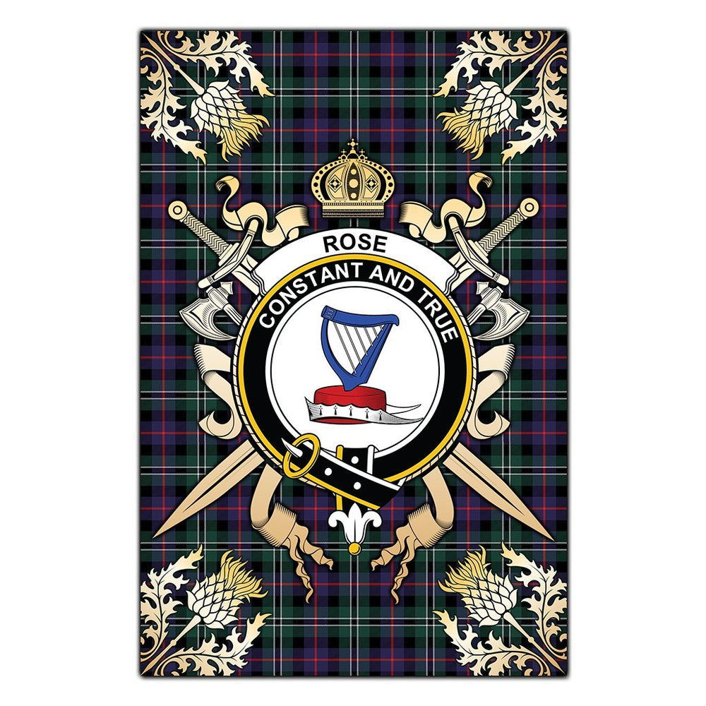 Clan Rose Hunting Modern Tartan Crest Black Garden Flag  - Gold Thistle  NF50 Clan Rose Tartan Today   