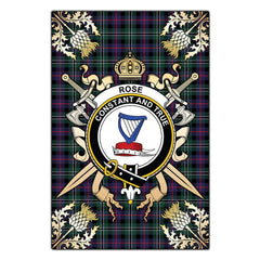 Clan Rose Hunting Modern Tartan Crest Black Garden Flag  - Gold Thistle  NF50 Clan Rose Tartan Today   