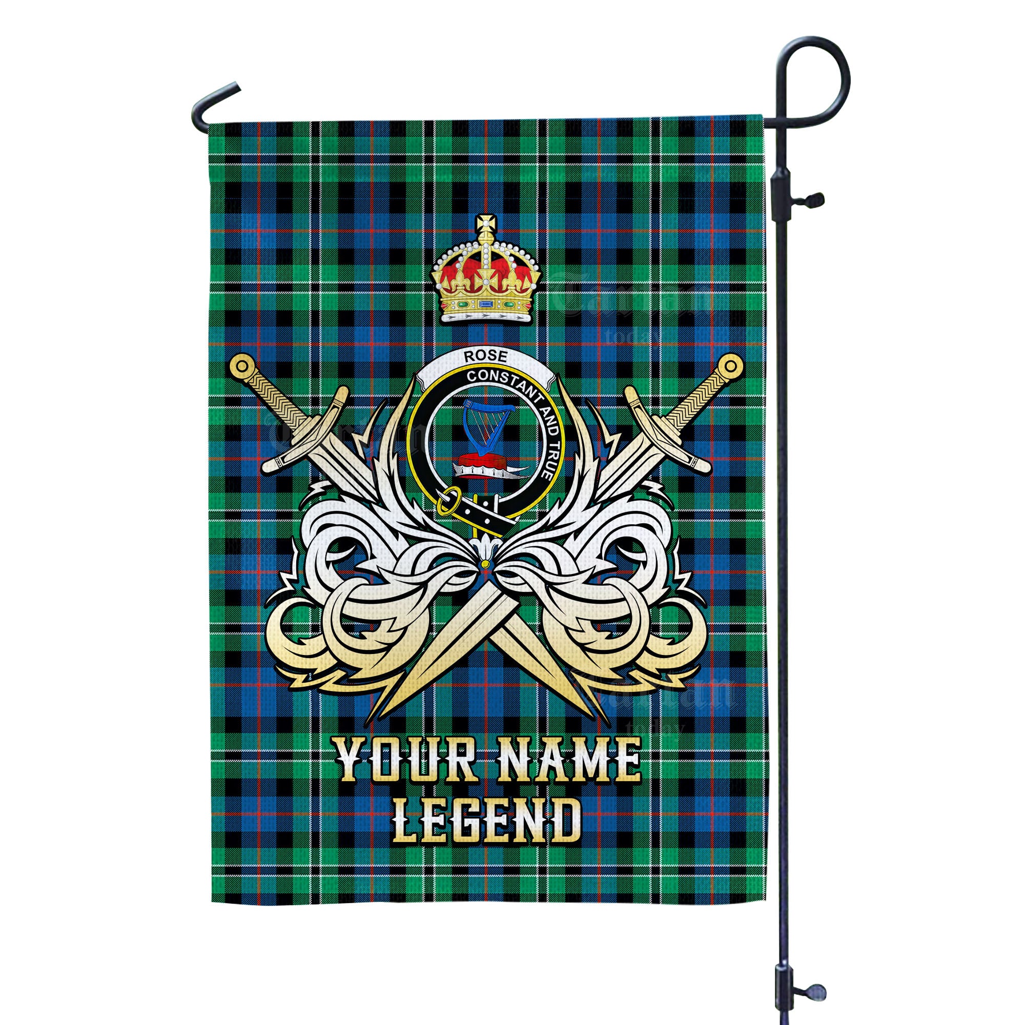 Custom Name Clan Rose Hunting Ancient Tartan Garden Flag with Clan Crest and the Golden Sword of Courageous Legacy KA54