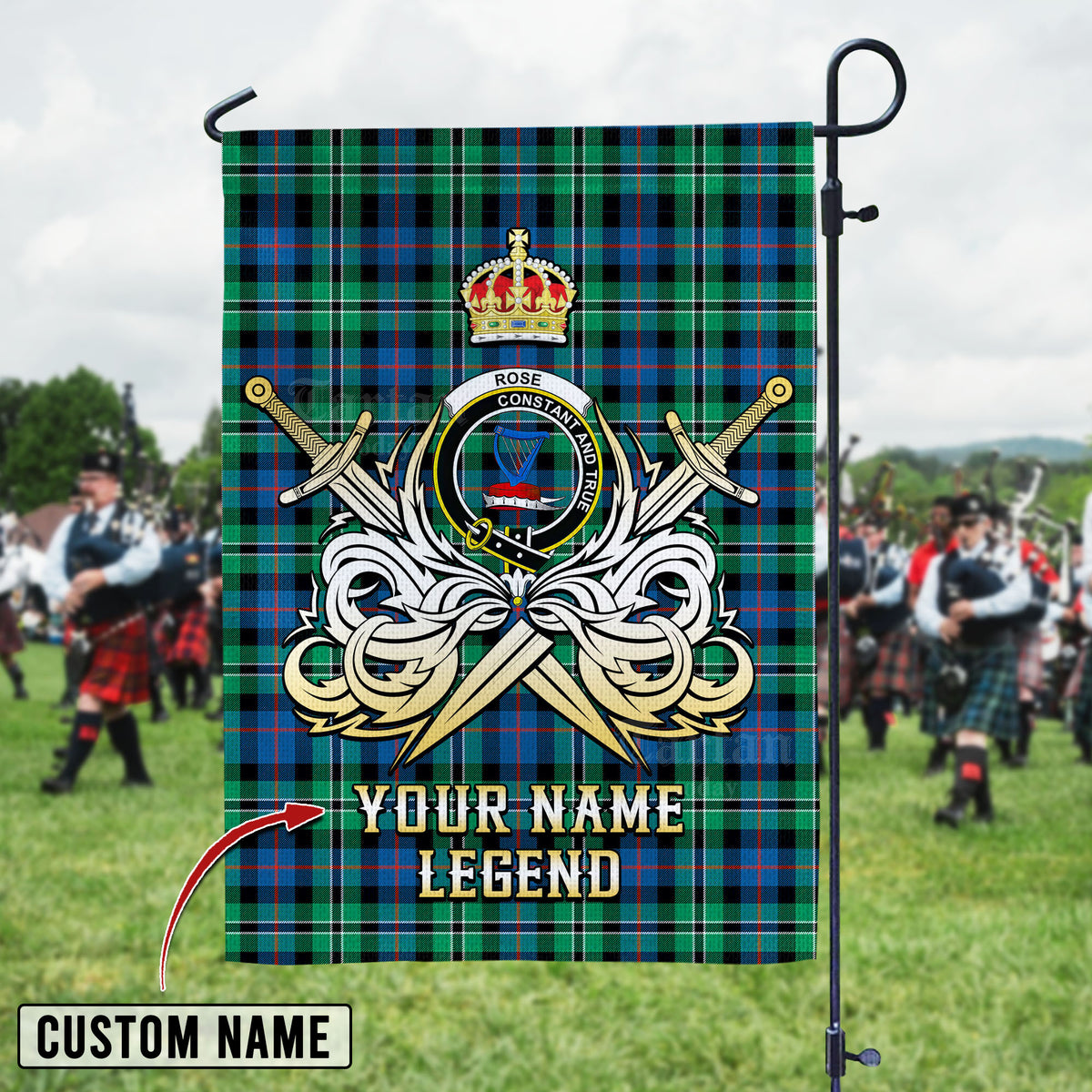 Personalized Custom Name Clan Rose Hunting Ancient Tartan Garden Flag with Clan Crest and the Golden Sword of Courageous Legacy KA54 - Rose Hunting Ancient Tartan Design, Scottish Heritage Gift