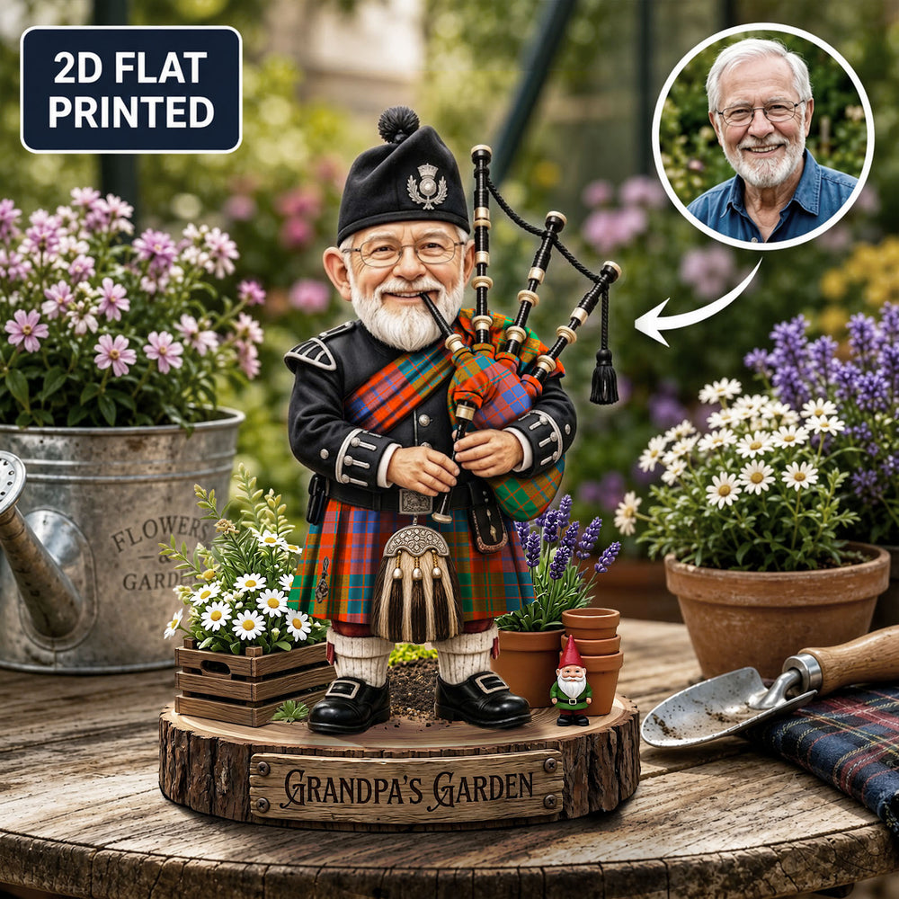 Personalized Ross Ancient Clan Bagpipe Garden Gnome Caricature Plaque Custom Photo, Any Clan Tartan, Wood or Acrylic, Grandpa & Dad Gift, Scottish Highland Garden Decor PO13