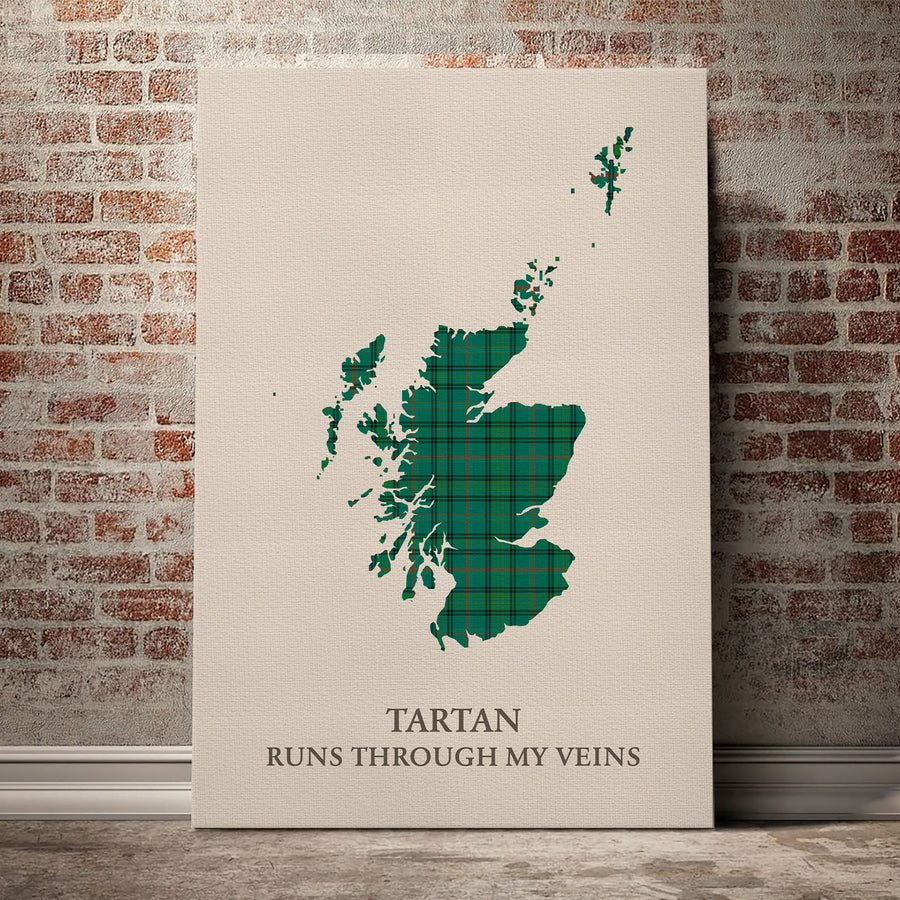 Ross Hunting Ancient Tartan Scotland Map Canvas – “Tartan Runs Through My Veins” Wall Art