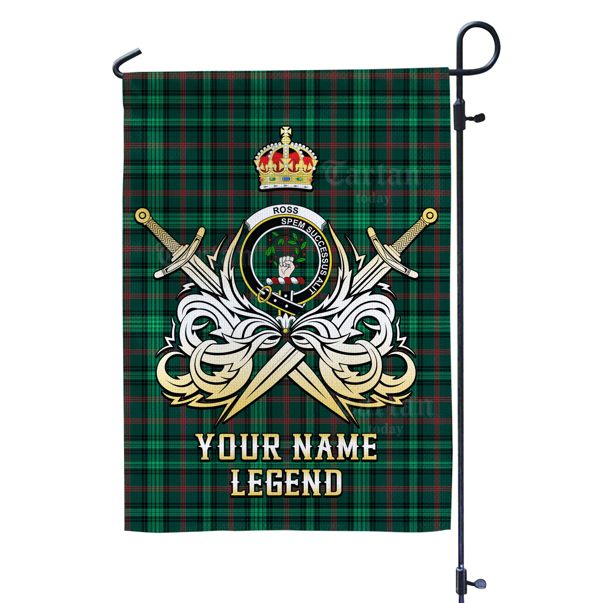 Custom Name Clan Ross Hunting Modern Tartan Garden Flag with Clan Crest and the Golden Sword of Courageous Legacy AX26