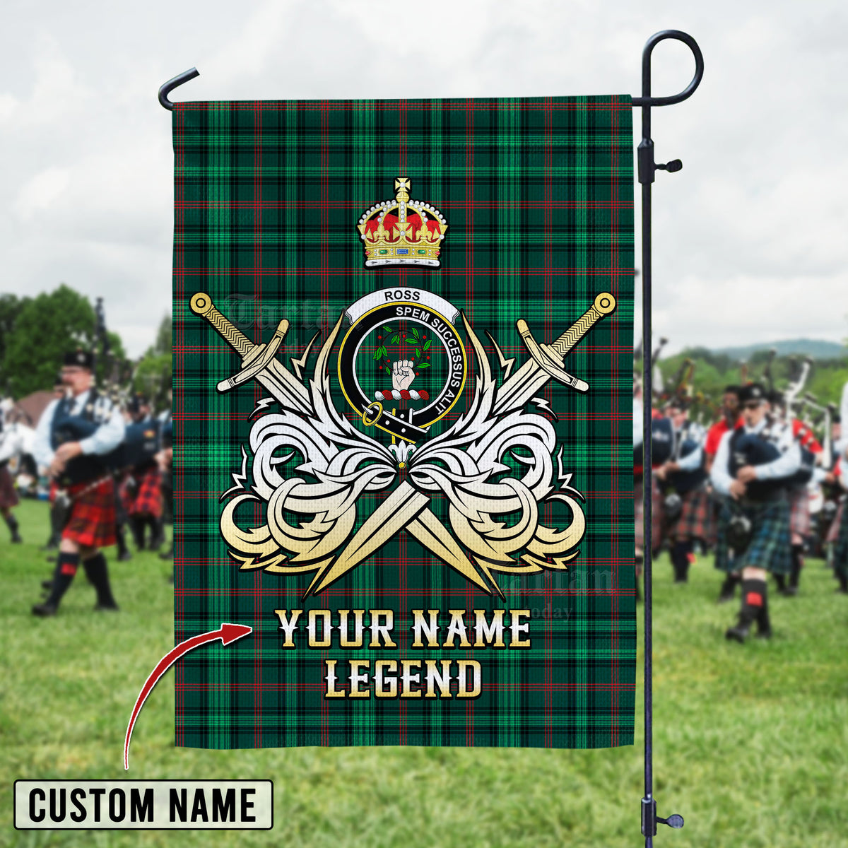 Personalized Custom Name Clan Ross Hunting Modern Tartan Garden Flag with Clan Crest and the Golden Sword of Courageous Legacy AX26 - Ross Hunting Modern Tartan Design, Scottish Heritage Gift