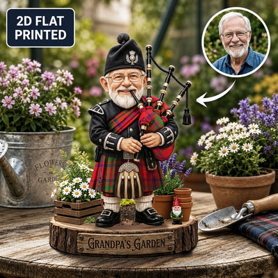 Personalized Ross Modern Clan Bagpipe Garden Gnome Caricature Plaque Custom Photo, Any Clan Tartan, Wood or Acrylic, Grandpa & Dad Gift, Scottish Highland Garden Decor NV92