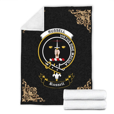 Clan Russell Crest Tartan Premium Blanket Black