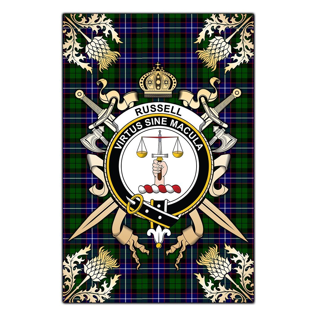 Clan Russell Modern Tartan Crest Black Garden Flag  - Gold Thistle  ZM56 Clan Russell Tartan Today   
