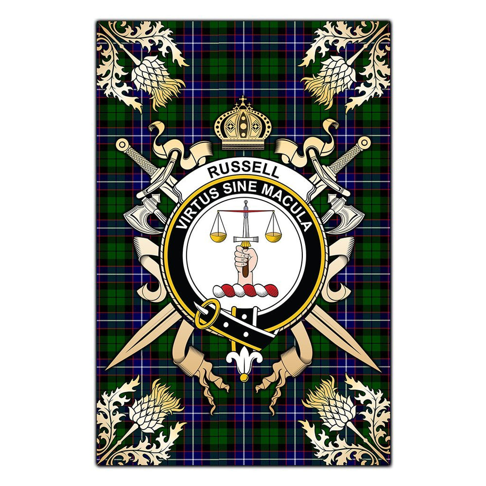 Clan Russell Modern Tartan Crest Black Garden Flag  - Gold Thistle  ZM56 Clan Russell Tartan Today   