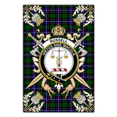 Clan Russell Modern Tartan Crest Black Garden Flag  - Gold Thistle  ZM56 Clan Russell Tartan Today   