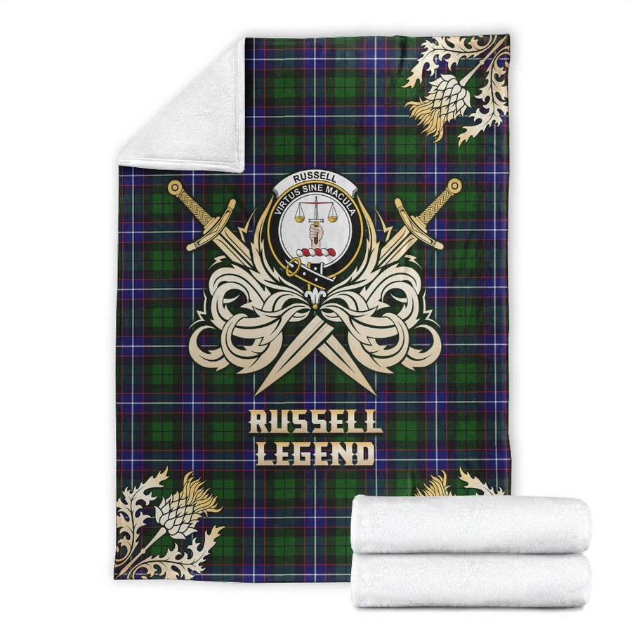Clan Russell Modern Tartan Gold Courage Symbol Blanket