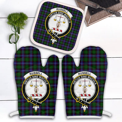 Clan Russell Modern Tartan Crest Oven Mitt And Pot Holder (2 Oven Mitts + 1 Pot Holder)
