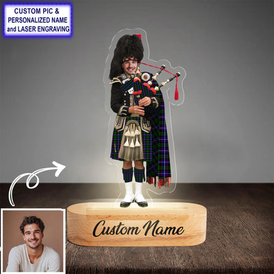 Custom Bagpipe Russell Modern Tartan LED Night Light - Personalized Scottish Bagpiper Figurine with Wooden Stand QL42