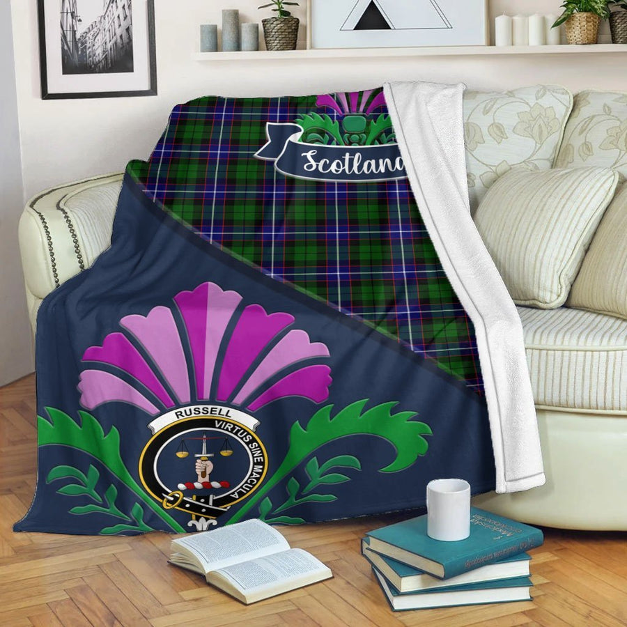 Clan Russell Tartan Crest Premium Blanket Thistle Style