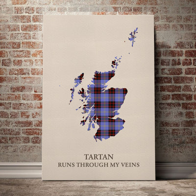 Clan Rutherford Tartan Scotland Map Canvas “Tartan Runs Through My Veins” Wall Art ZV99