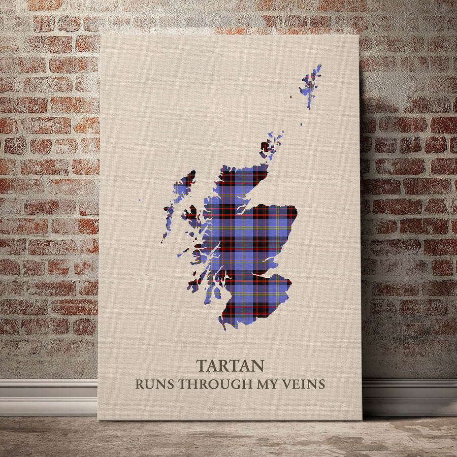 Rutherford Tartan Scotland Map Canvas – “Tartan Runs Through My Veins” Wall Art