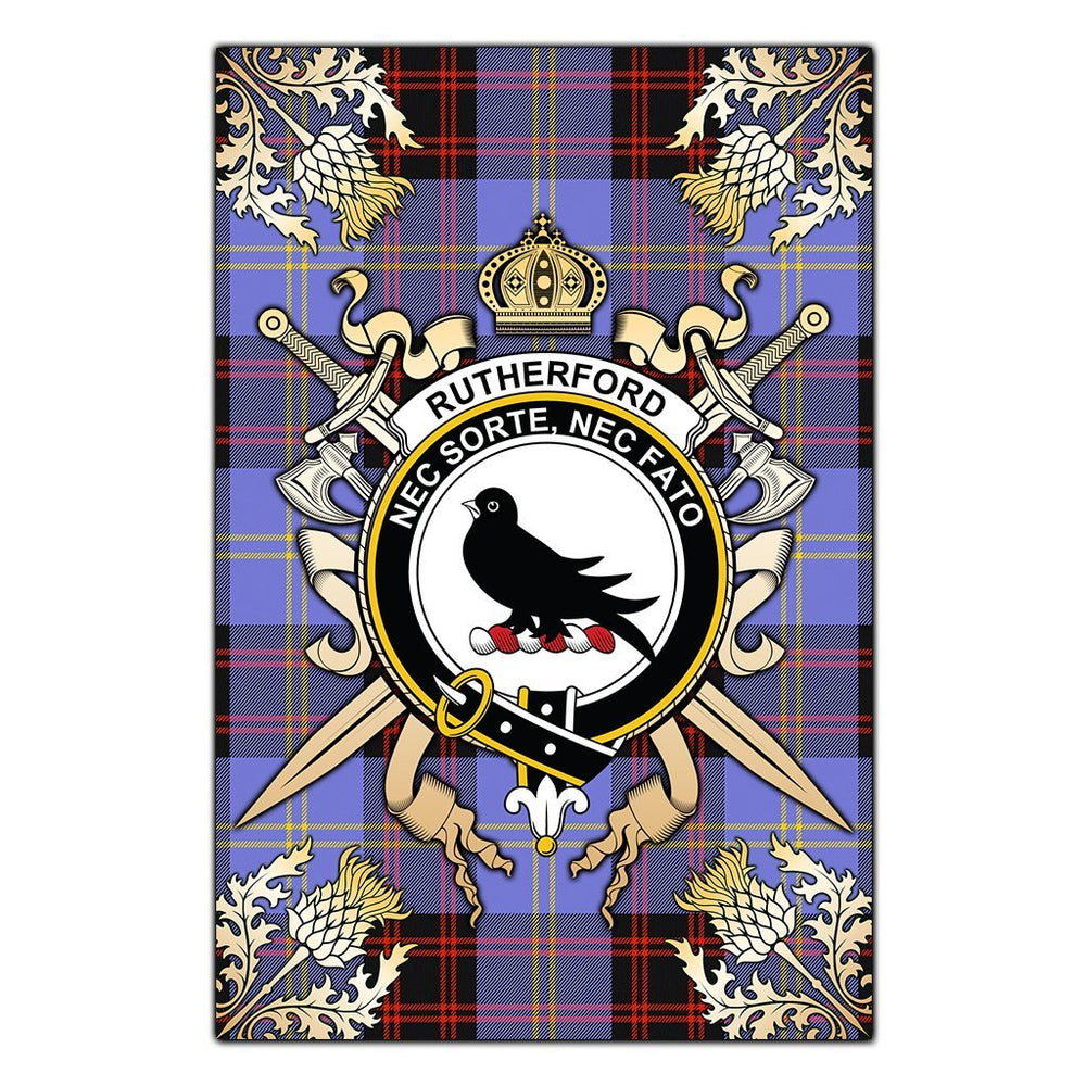 Clan Rutherford Tartan Crest Black Garden Flag  - Gold Thistle  PZ30 Clan Rutherford Tartan Today   