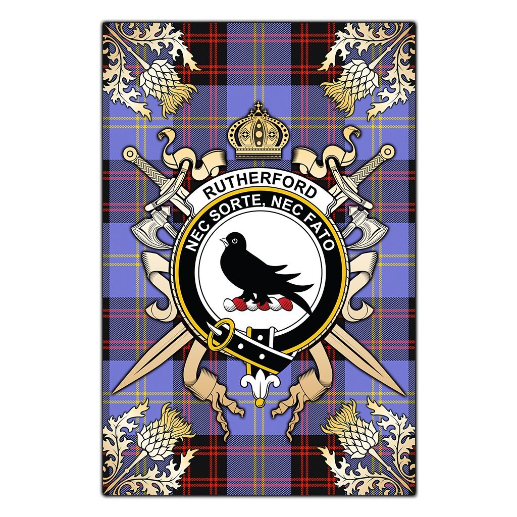 Clan Rutherford Tartan Crest Black Garden Flag  - Gold Thistle  PZ30 Clan Rutherford Tartan Today   
