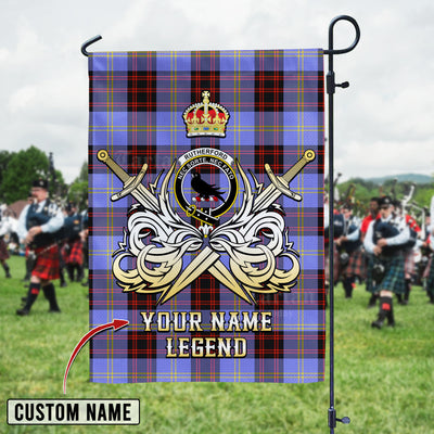 Custom Name Clan Rutherford Tartan Garden Flag with Clan Crest and the Golden Sword of Courageous Legacy AJ59