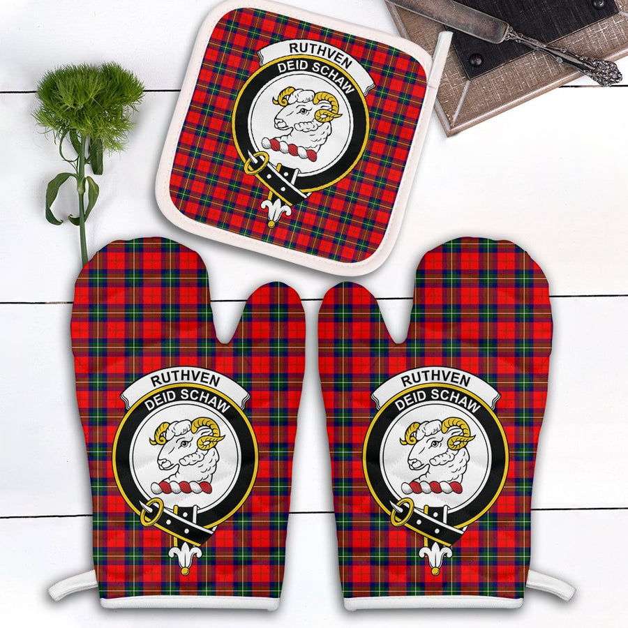 Clan Ruthven Modern Tartan Crest Oven Mitt And Pot Holder (2 Oven Mitts + 1 Pot Holder)