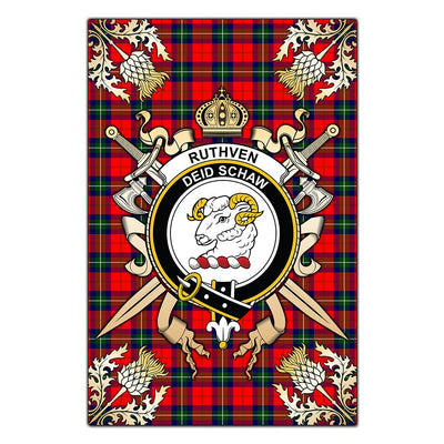 Clan Ruthven Modern Tartan Crest Black Garden Flag - Gold Thistle