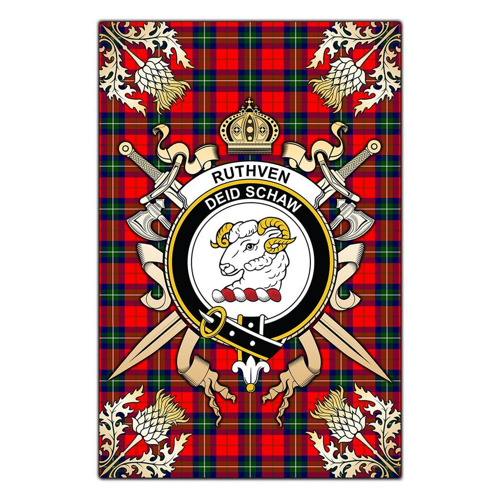 Clan Ruthven Modern Tartan Crest Black Garden Flag  - Gold Thistle  RN81 Clan Ruthven Tartan Today   