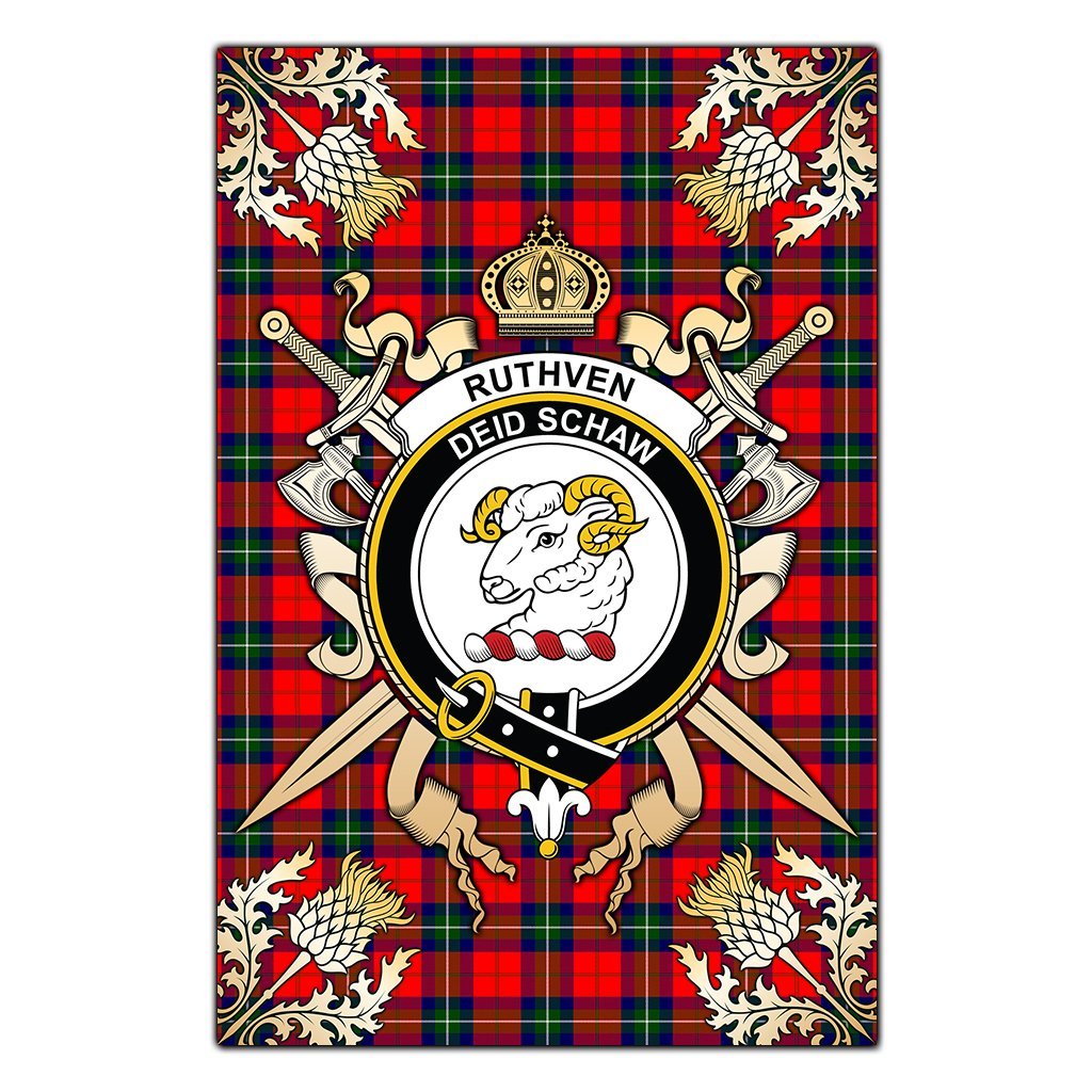 Clan Ruthven Modern Tartan Crest Black Garden Flag  - Gold Thistle  RN81 Clan Ruthven Tartan Today   