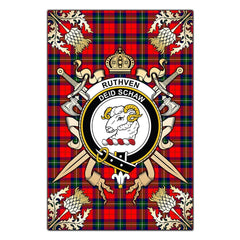 Clan Ruthven Modern Tartan Crest Black Garden Flag  - Gold Thistle  RN81 Clan Ruthven Tartan Today   