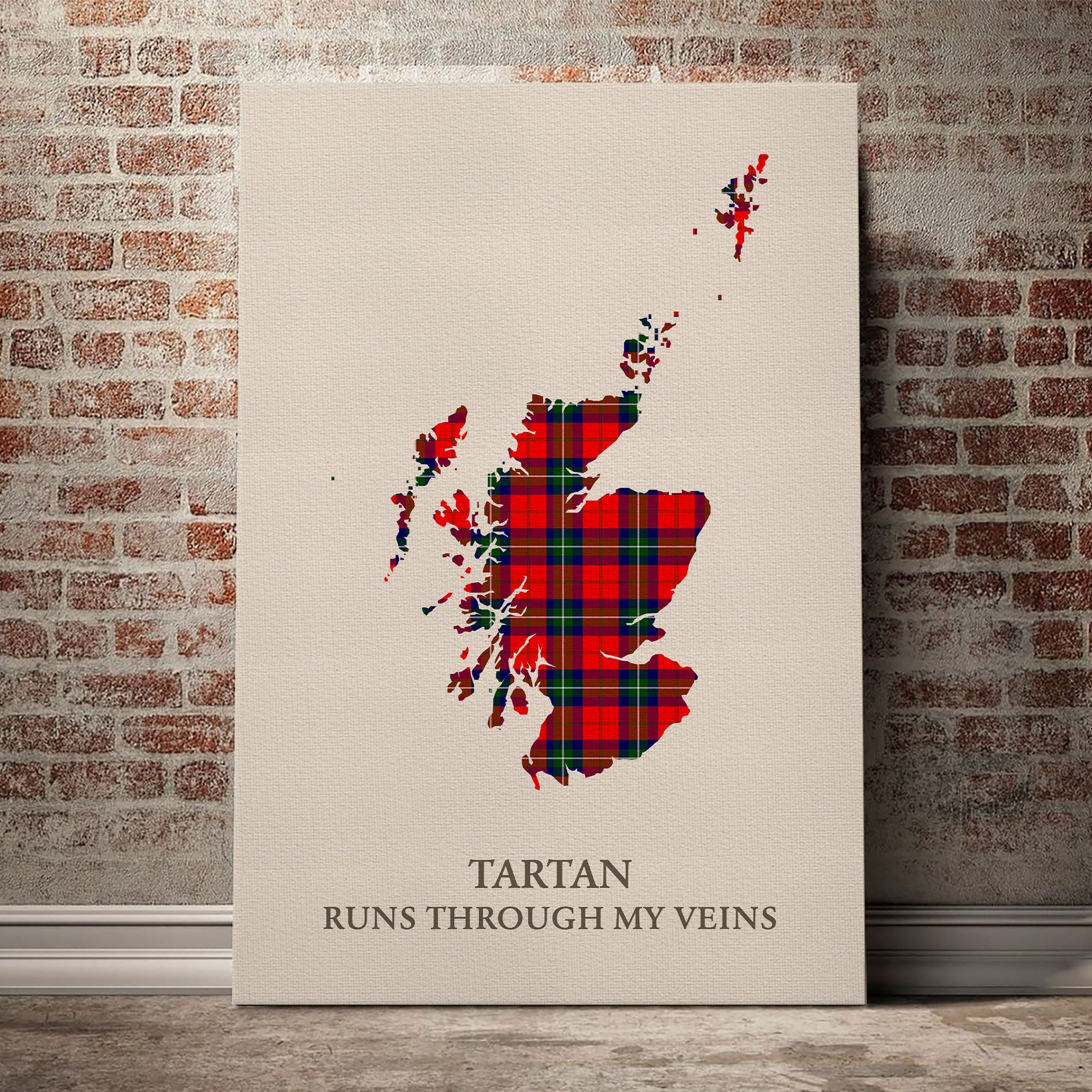 Ruthven Modern Tartan Scotland Map Canvas – “Tartan Runs Through My Veins” Wall Art