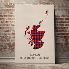 Ruthven Modern Tartan Scotland Map Canvas – “Tartan Runs Through My Veins” Wall Art