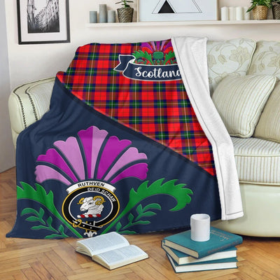 Clan Ruthven Tartan Crest Premium Blanket Thistle Style