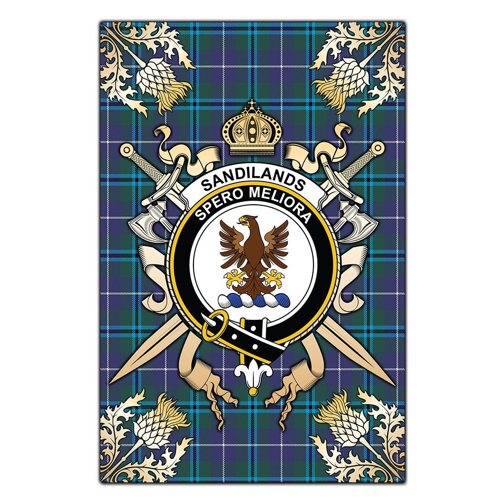 Clan Sandilands Tartan Crest Black Garden Flag  - Gold Thistle  ST88 Clan Sandilands Tartan Today   