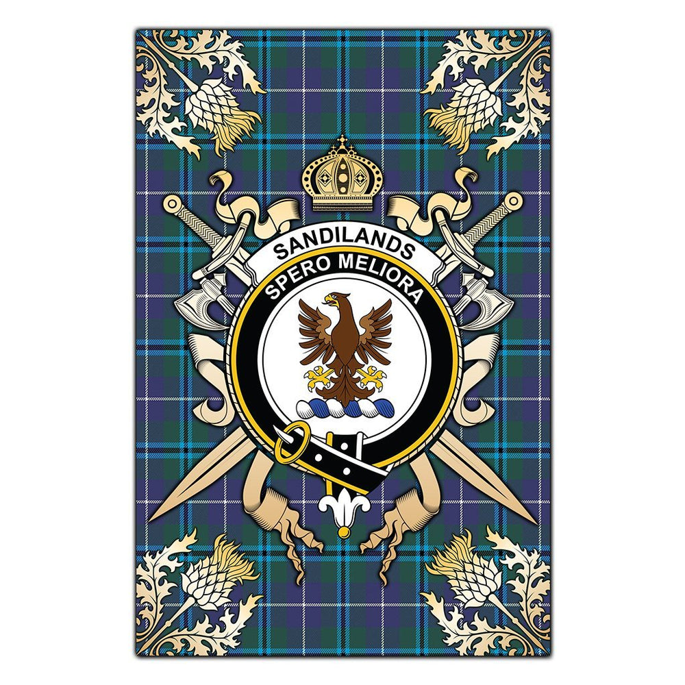 Clan Sandilands Tartan Crest Black Garden Flag  - Gold Thistle  ST88 Clan Sandilands Tartan Today   
