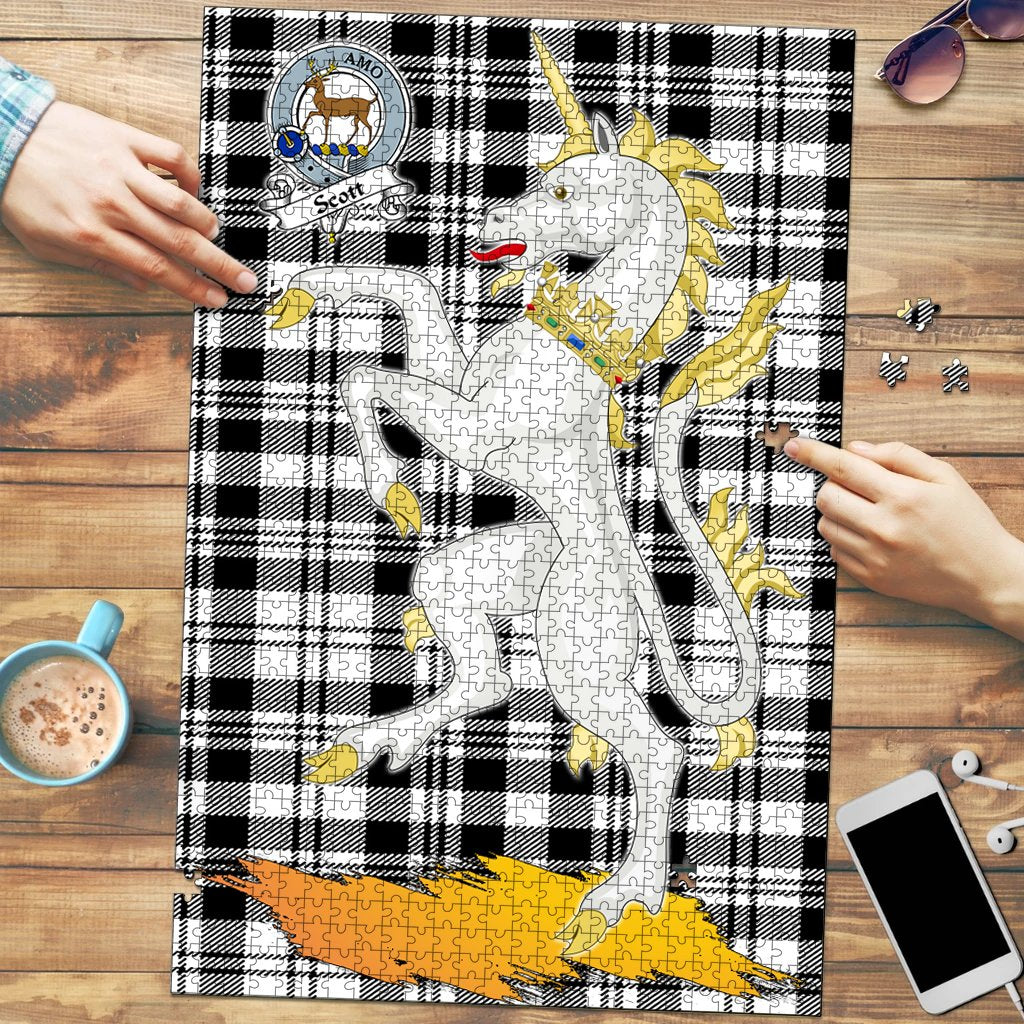 Clan Scott Black White Modern Tartan Crest Unicorn Scotland Jigsaw Puzzles Gift For Family BN62 Clan Scott (Scott Tartan) Tartan Today   