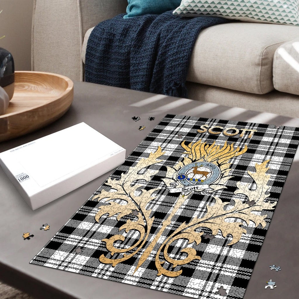Clan Scott Black White Modern Tartan Crest Thistle Jigsaw Puzzles Gift For Family FB21 Clan Scott (Scott Tartan) Tartan Today   