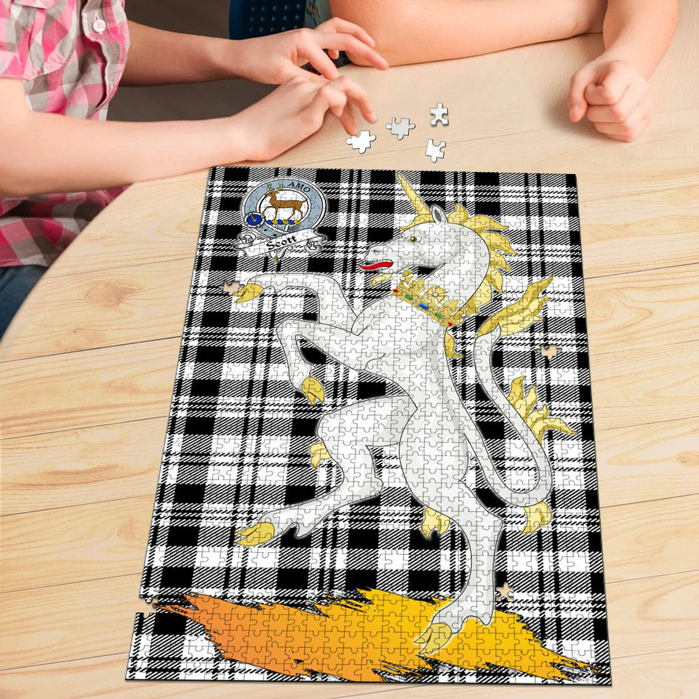 Clan Scott Black White Modern Tartan Crest Unicorn Scotland Jigsaw Puzzles Gift For Family BN62 Clan Scott (Scott Tartan) Tartan Today   