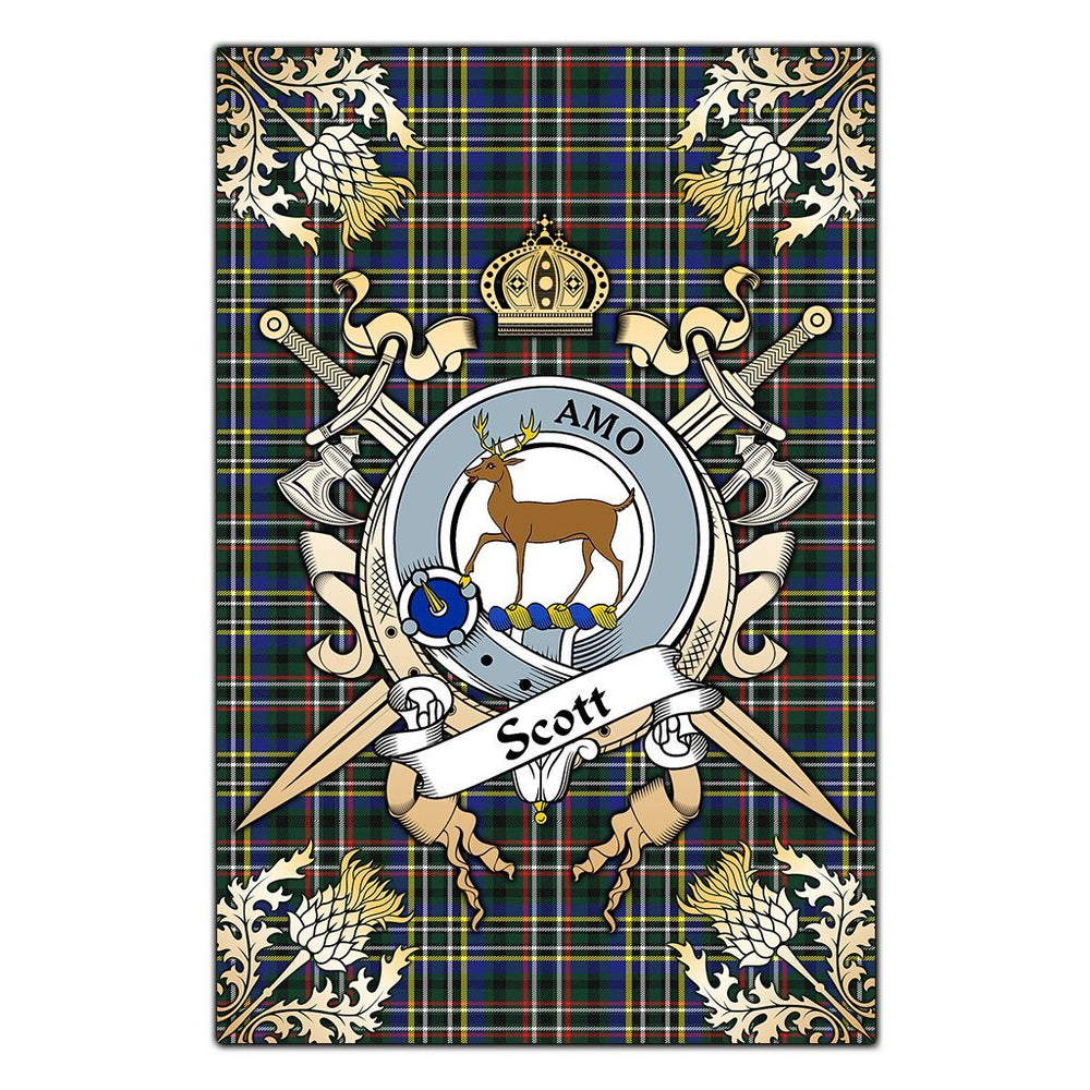 Clan Scott Green Modern Tartan Crest Black Garden Flag  - Gold Thistle  NU34 Clan Scott (Scott Tartan) Tartan Today   