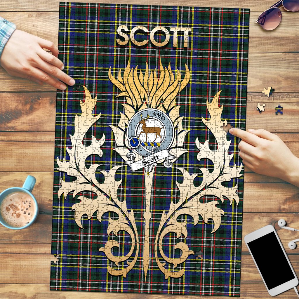 Clan Scott Green Modern Tartan Crest Thistle Jigsaw Puzzles Gift For Family KQ75 Clan Scott (Scott Tartan) Tartan Today   
