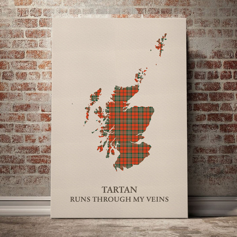 Scott Ancient Tartan Scotland Map Canvas – “Tartan Runs Through My Veins” Wall Art