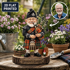 Personalized Scott Ancient Clan Bagpipe Garden Gnome Caricature Plaque Custom Photo, Any Clan Tartan, Wood or Acrylic, Grandpa & Dad Gift, Scottish Highland Garden Decor WW76