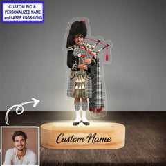 Custom Bagpipe Scott Black & White Ancient Tartan LED Night Light - Personalized Scottish Bagpiper Figurine with Wooden Stand