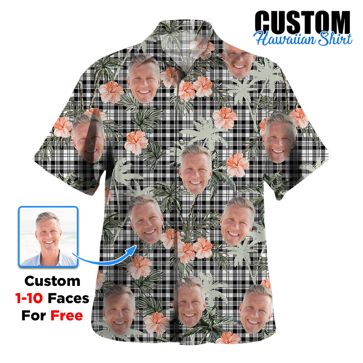 Clan Scott Black & White Modern Tartan Custom Face Hawaiian Shirt – Unisex Gift for Family Members, Summer Party DU42 Scott Black & White Modern Tartan Tartan Hawaii Shirt