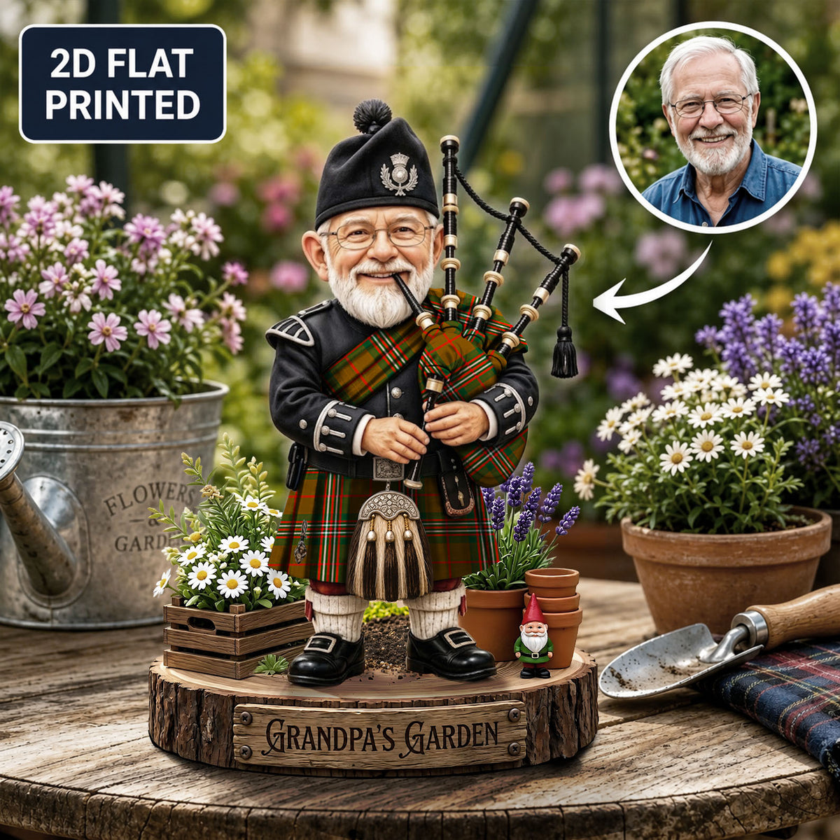 Personalized Scott Brown Modern Clan Bagpipe Garden Gnome Caricature Plaque Custom Photo, Any Clan Tartan, Wood or Acrylic, Grandpa & Dad Gift, Scottish Highland Garden Decor TM44