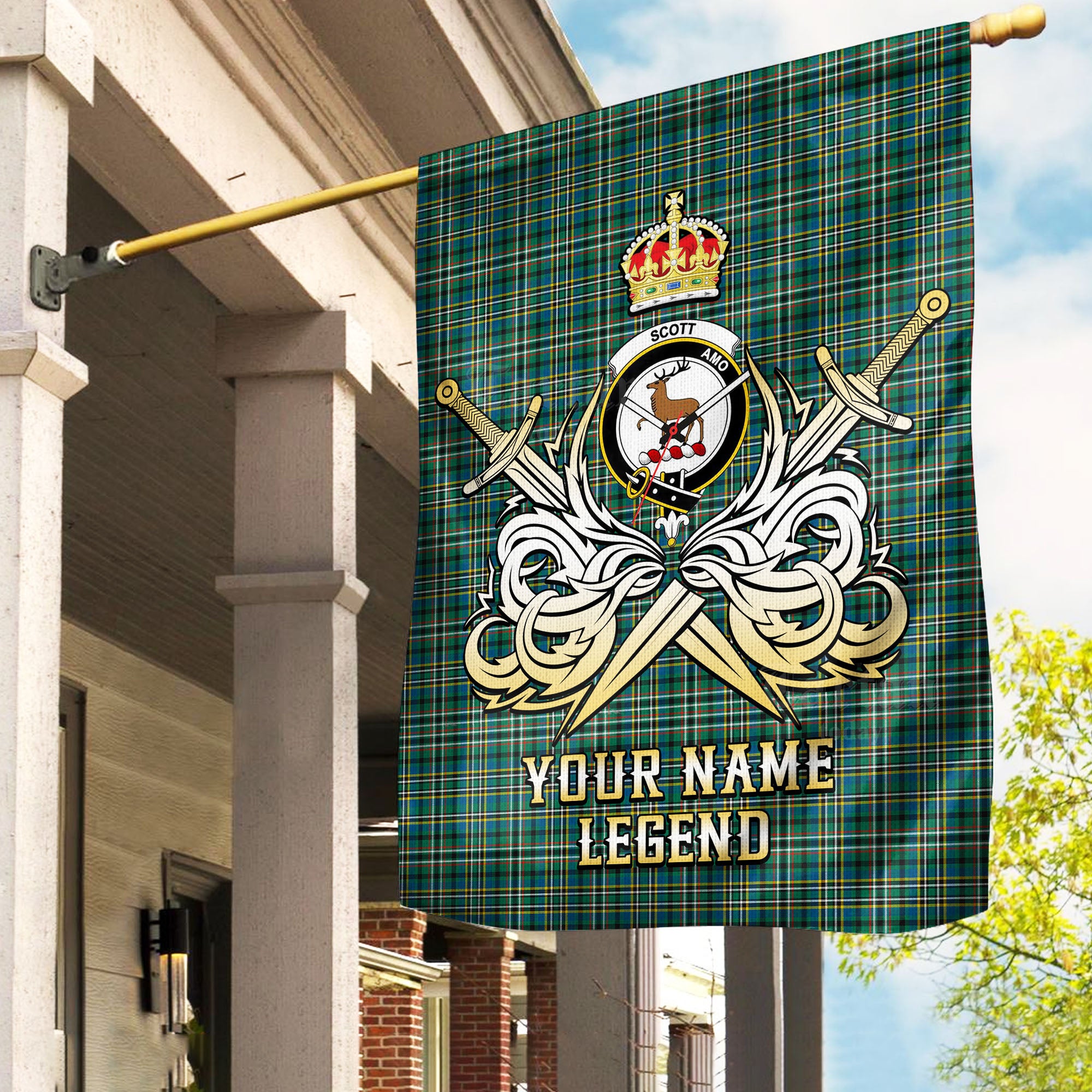Custom Name Clan Scott Green Ancient Tartan Garden Flag with Clan Crest and the Golden Sword of Courageous Legacy AW14