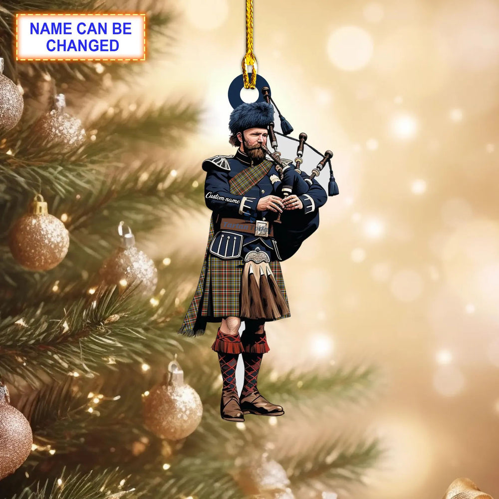 Personalized Clan Scott Green Weathered Tartan Bagpipe Ornament with Custom Name – Scottish Christmas Tree Decoration JB76