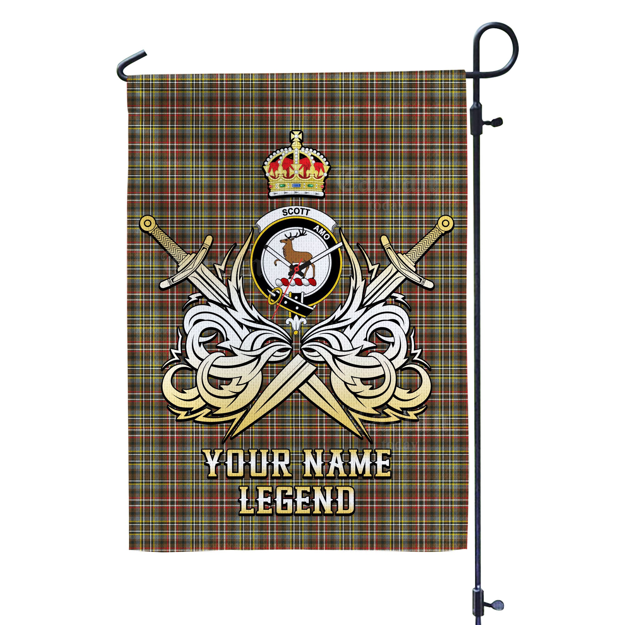 Custom Name Clan Scott Green Weathered Tartan Garden Flag with Clan Crest and the Golden Sword of Courageous Legacy KC17