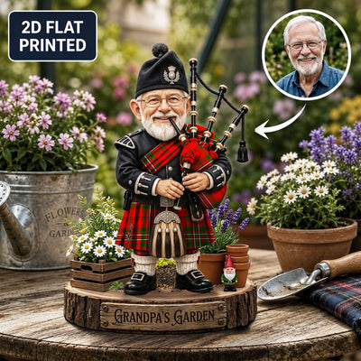 Personalized Scott Modern Clan Bagpipe Garden Gnome Caricature Plaque Custom Photo, Any Clan Tartan, Wood or Acrylic, Grandpa & Dad Gift, Scottish Highland Garden Decor VO77
